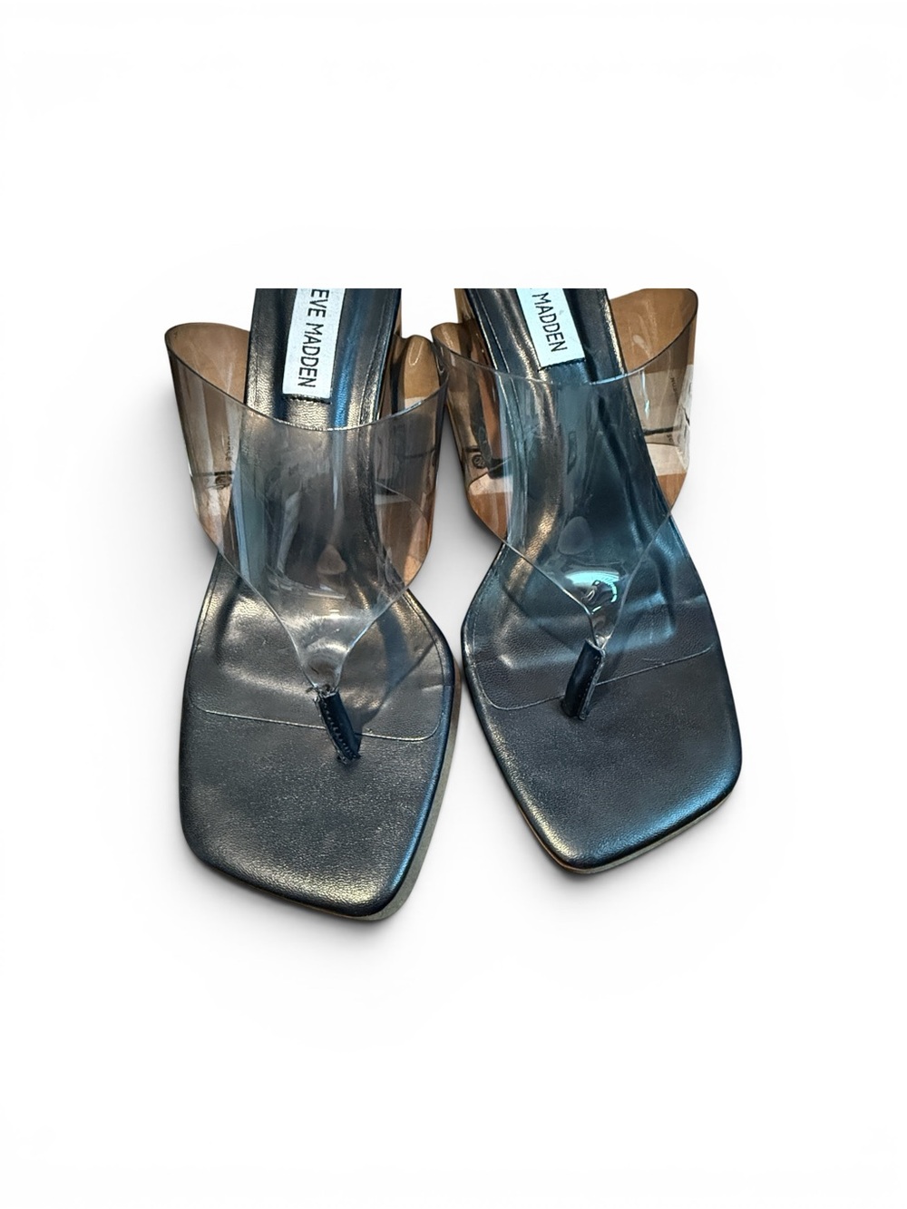 Steve Madden Feeva Black Square-Toe Clear Grey Strap Block Heels Size 6.5 - Picture 5 of 13